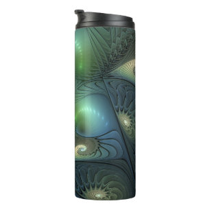 Garrafa Térmica Arte fractal abstrata em espiral verde bege azul