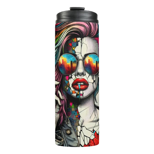 Garrafa Térmica Arte Grunge | Mulher Abstrata Fragmentada (Frente)