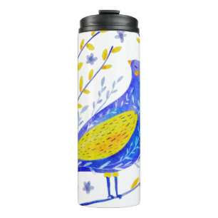 Garrafa Térmica Arte Moderna de Pássaro Azul e Amarelo em Aquarela