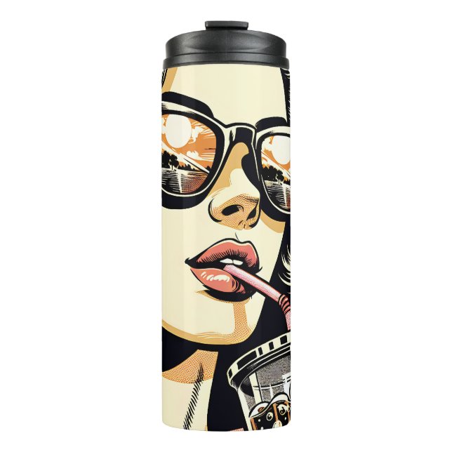 Garrafa Térmica Arte Pop de Quadrinhos Mulher Bonita Bebendo Refri (Frente)