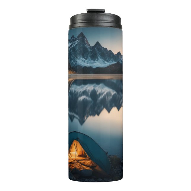 Garrafa Térmica Arte Temática de Acampamento com Tenda, Montanhas  (Frente)