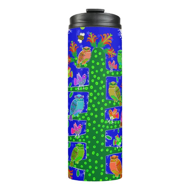 Garrafa Térmica Árvore Cactus da Vida com Corujas e Pássaros (Frente)