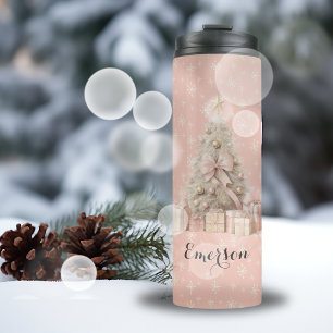Garrafa Térmica Árvore de natal rosa doce e saudações personalizad