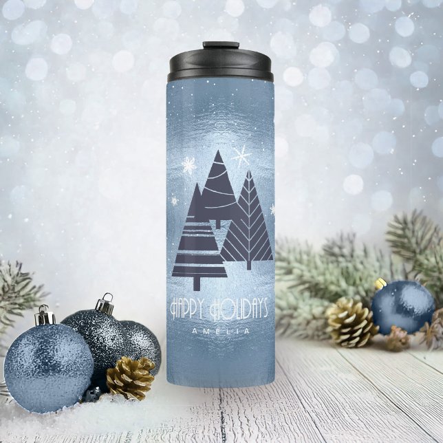 Garrafa Térmica Árvores de Natal e Flocos de Neve Azul ID863 (Criador carregado)