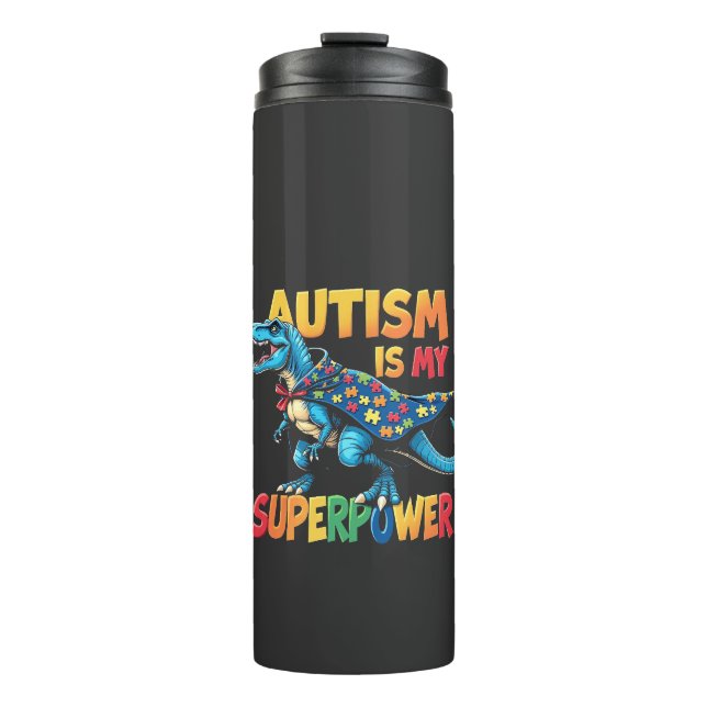 Garrafa Térmica Autismo É Meu Superpoder Dinossauro Autismo Consci (Frente)