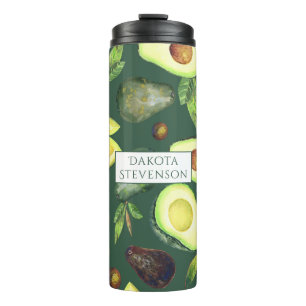 Garrafa Térmica Avocado Blossoms Padrão de Fruta Verde Escuro