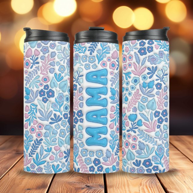 Garrafa Térmica Azul Boho Flores 3D Mama Inflada (3D Inflated Blue Boho Flowers Pattern Mama Thermal Tumbler)