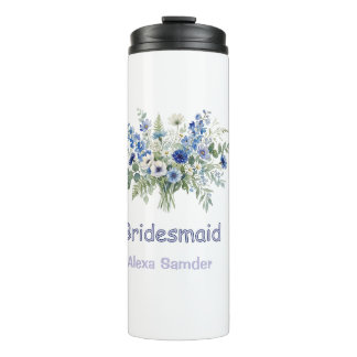 Garrafa Térmica azul branco floral damas de honra nome roxo modern