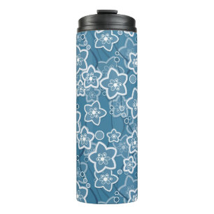 Garrafa Térmica azul com branco, azul, flores, floral, rústico, fa