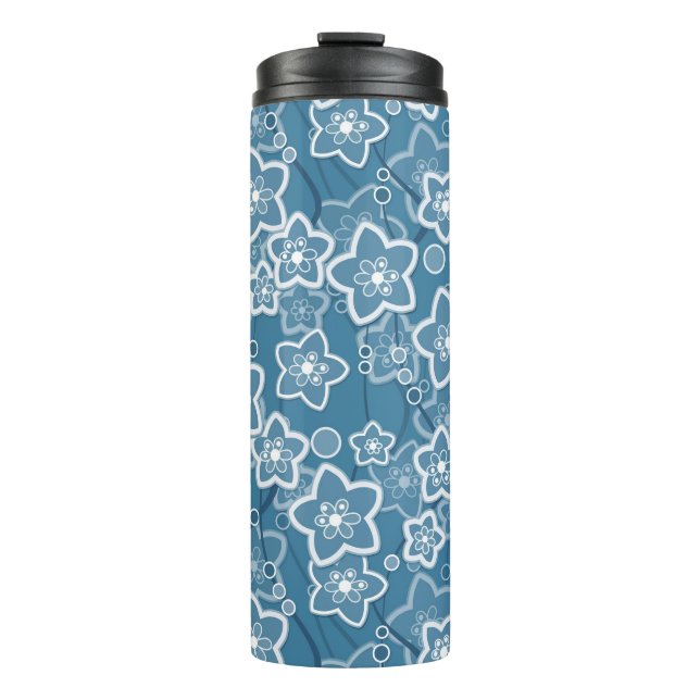 Garrafa Térmica azul com branco, azul, flores, floral, rústico, fa (Frente)