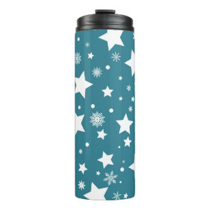 GARRAFA TÉRMICA AZUL COM ESTRELAS BRANCAS E SNOWFLAKS