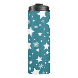 GARRAFA TÉRMICA AZUL COM ESTRELAS BRANCAS E SNOWFLAKS