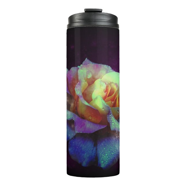 Garrafa Térmica Azul e Amarelo, Rosa beijado sobre fumaça violeta (Frente)