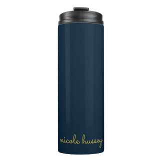 Garrafa Térmica Azul Marinho Dourado Script | Monograma Moderno El