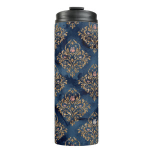 Garrafa Térmica Azul Marinho e Dourado Padrão Damask Vintage