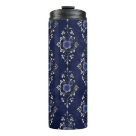 Garrafa Térmica Azul Marinho e Prata Floral Damask Vintage Grunge