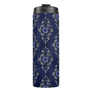 Garrafa Térmica Azul Marinho e Prata Floral Damask Vintage Grunge