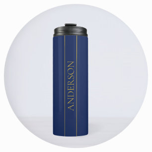 Garrafa Térmica Azul Marinho & Nome Sobrenome Dourado ou Negócio
