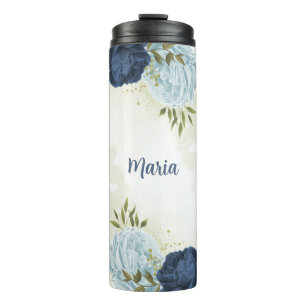 Garrafa Térmica azul naval empoeirado floral verdejante 