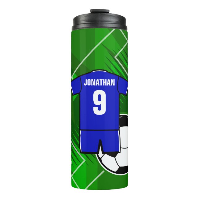 Garrafa Térmica Azul personalizado do jérsei de futebol com branco (Frente)