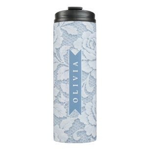 Garrafa Térmica Azul Personalizado Floral Elegante Romântico com R