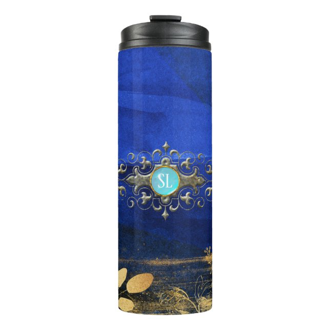 Garrafa Térmica Azul Real e Turquesa Joia Dourada (Frente)