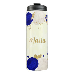 Garrafa Térmica azul real & flores brancas dourado botânico
