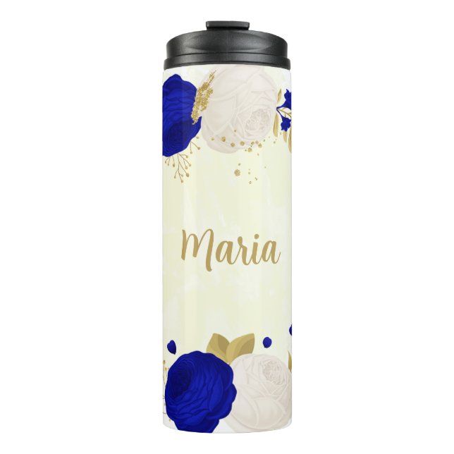 Garrafa Térmica azul real & flores brancas dourado botânico (Frente)