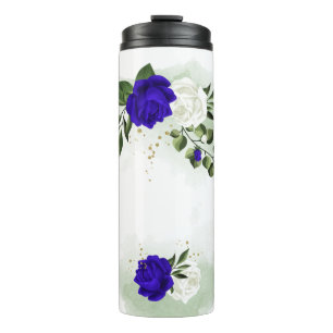 Garrafa Térmica azul real & flores brancas folhagens