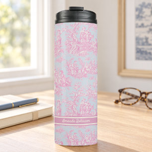 Garrafa Térmica Azul vintage rosa toile de jouy impresso