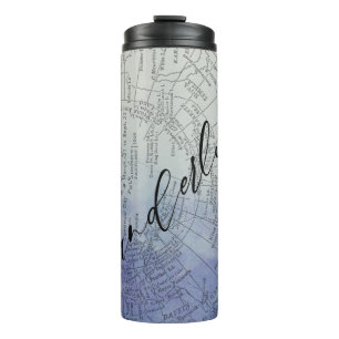 Garrafa Térmica Azul Wanderlust Ombre Aquarela Mapa Mundial Vintag