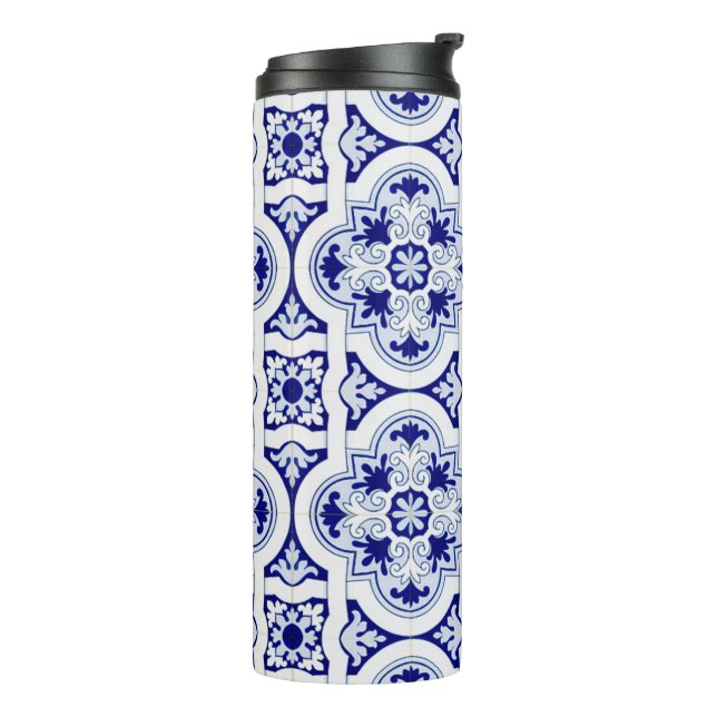 Garrafa Térmica Azulejo Talavera Azul e Branco com aparência térmi (Giro à esquerda)