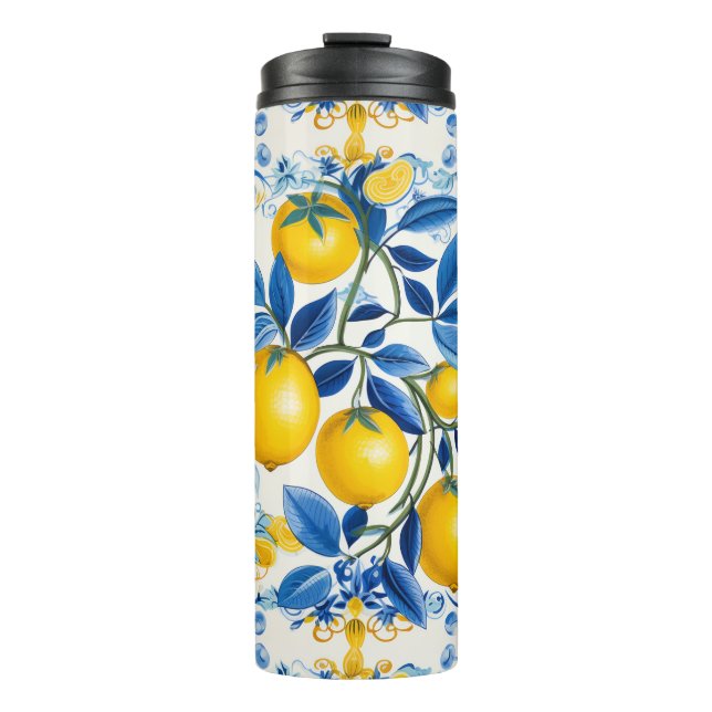 Garrafa Térmica  💛💙 Azulejos azuis e amarelos com limões (Frente)