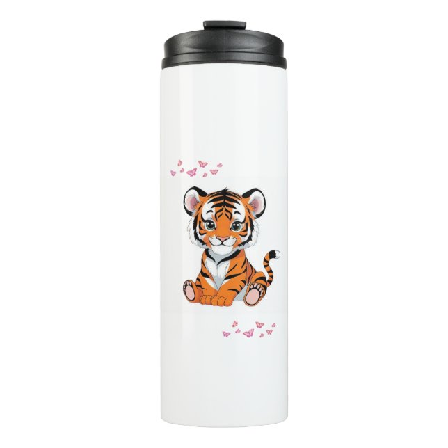 Garrafa Térmica 🐯Baby Tiger Art with Pink Butterflies - (Frente)