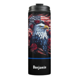 Garrafa Térmica Bandeira EUA Águia Rosas Vermelho Branco Azul