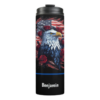 Garrafa Térmica Bandeira EUA Águia Rosas Vermelho Branco Azul