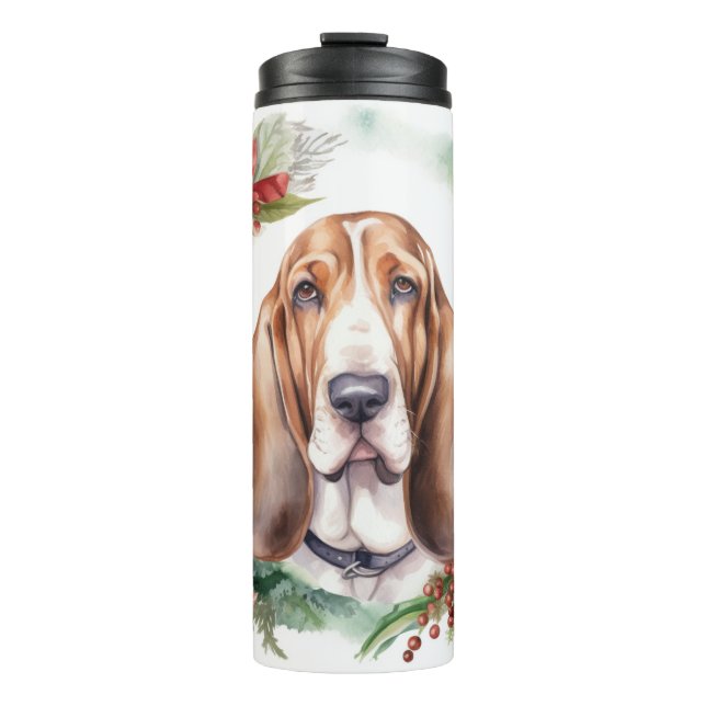 Garrafa Térmica Basset Hound Christmas Wreath Festivo Pup (Frente)