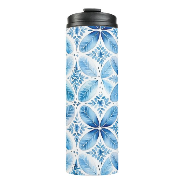 Garrafa Térmica Batik Floral Branco Azul (Frente)