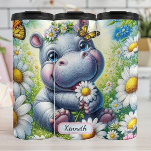 Garrafa Térmica Bebê Hippo em Prado Flor com Borboletas
