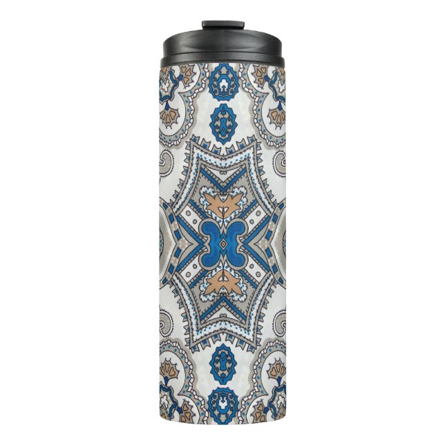 Garrafa Térmica Belo arabesco branco e azul, padrão islâmico (Frente)