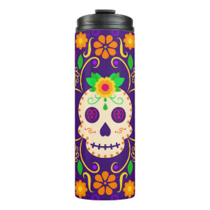Garrafa Térmica Belo crânio com flores Día de los Muertos