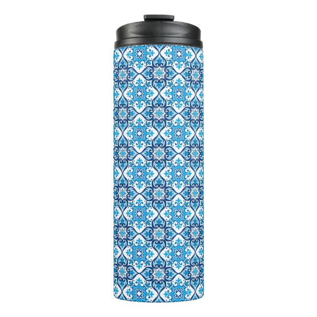 Garrafa Térmica 💙🤍 Belos azulejos azuis e brancos X, (Frente)