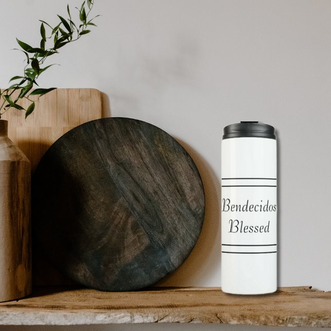 Garrafa Térmica Bendecido Espanhol Branco e Negro Bilíngue (White Bilingual Blessed Bendecidos Thermal Tumbler. Multilingual Project.)