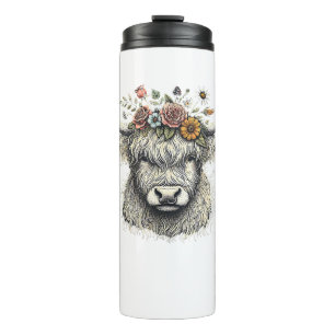 Garrafa Térmica Bezerro de Vaca Fofo Flores Ilustração à Mão Fazen