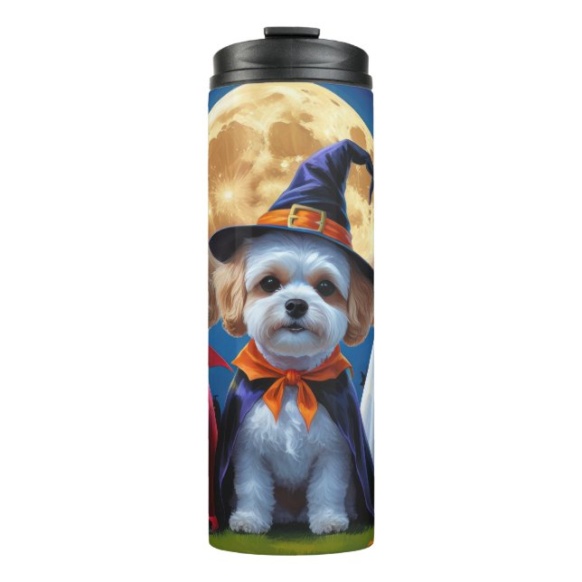 Garrafa Térmica Bichon Frise Cães Pumpkin Halloween Engraçado (Frente)