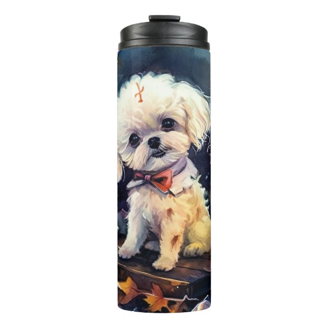 Garrafa Térmica Bichon Frise de Halloween com Abóboras Assustadora (Frente)