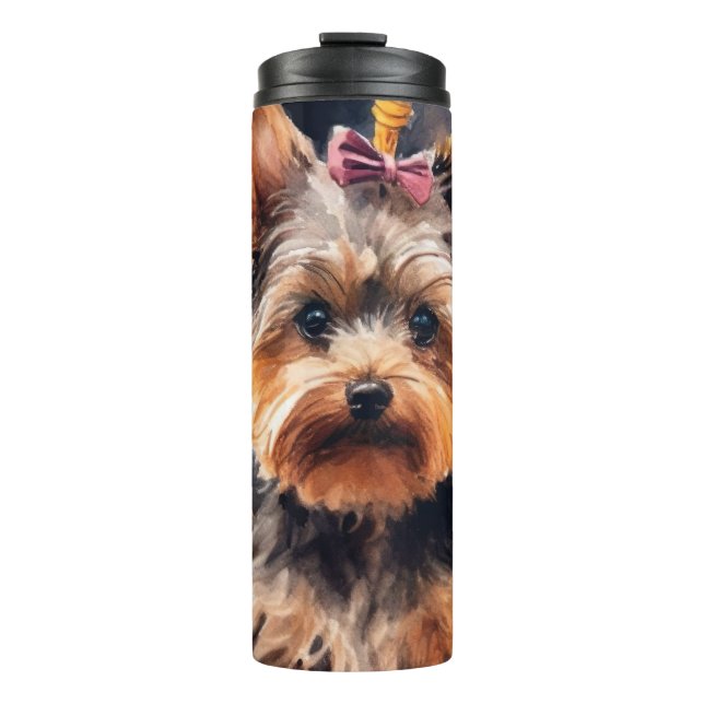 Garrafa Térmica Biewer Terrier de Halloween com Abóboras Assustado (Frente)