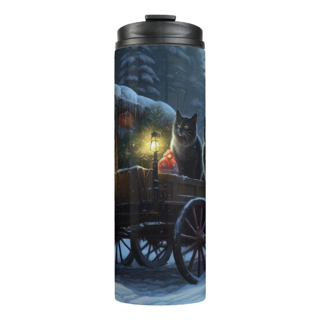 Garrafa Térmica Black Cat Snowy Sleigh Durante o Decinto de Natal (Frente)