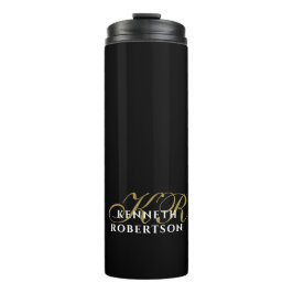 Garrafa Térmica Black Monograma Dourado Branco Minimalista Elegant