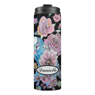 Garrafa Térmica Blue Budget Budgerigar Rosa Watercolor Arte floral